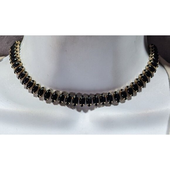 Jewelry - Vintage 60s Gothic Black Marquis Gemmed Necklace In Silver Tone Bezels